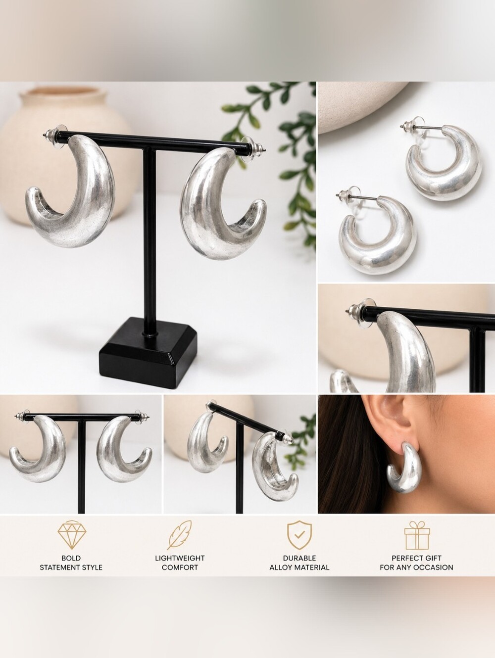 Silver Tone Chunky Crescent Hoop Earrings